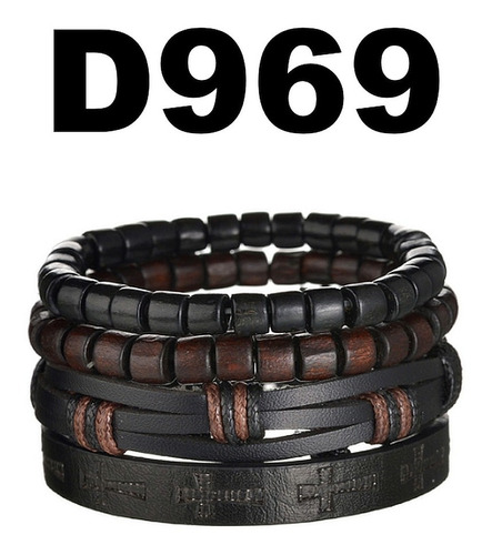 Pulsera De Cuero Tallada Tejida Y Ajustable 4 Filas - D969