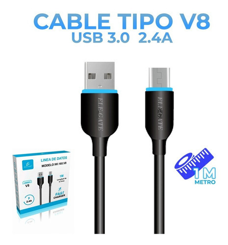 Cable V8 Micro Usb Reforzado Para Carga Datos Wi.160.v8 Color Negro