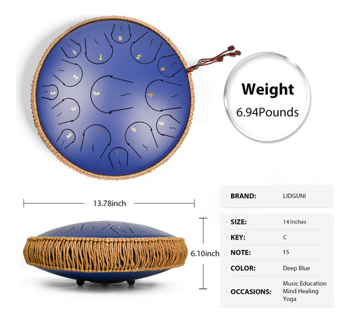 Steel Tongue Drum Lidguni 15 Note 35 Cm Com Livro De Música