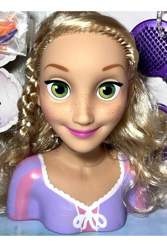Cabeça Busto Boneca Menina Princesa Rapunzel Cabelos Para Pentear E Arrumar Com Acessórios - Profissões Quero Ser Cabeleireira - Personagem Filme Enrolados Licenciado Disney - Novabrink Brinquedos