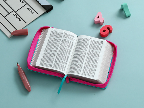 Biblia Bolsillo Rvr60 C Cierre Turquesa C Flores Rosa Fucsia