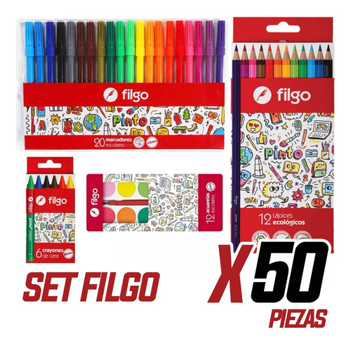 Set 50 Productos Filgo Lapices Acuarelas Marcador Crayones 