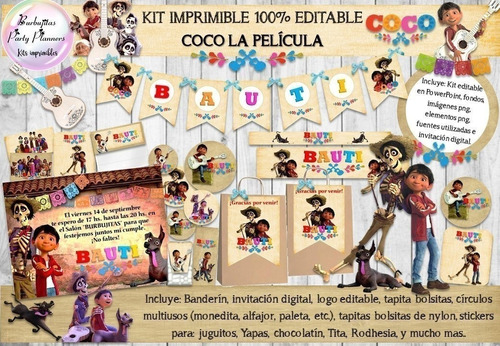 Kit Imprimible Candy Bar Coco 100% Editable