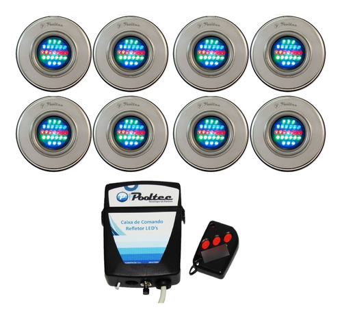 Kit Iluminação Piscina 8 Refletor Led 25 Inox Rgb + Comando