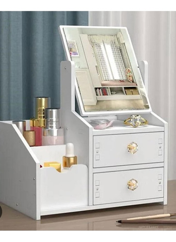 Organizador De Maquillaje Con Espejo En Madera Color Blanco 