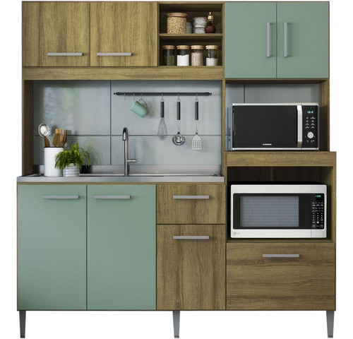 Cozinha Compacta Mademovel 2203 Jasmine 200x186x52cm Cor Carvalho/verde