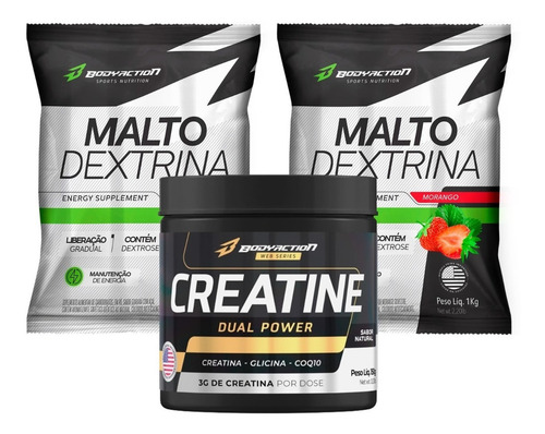 2x Maltodextrina 1kg + Creatina 150g Premium Bodyaction Sabor Guaraná com Açaí/Morango