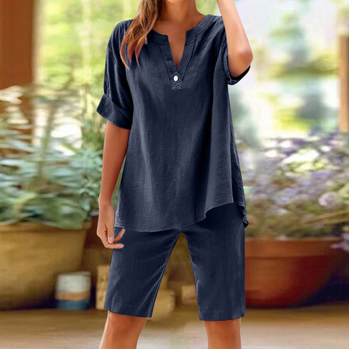 Conjunto De Camisa De Verano Con Mangas De Algodón Para Muje