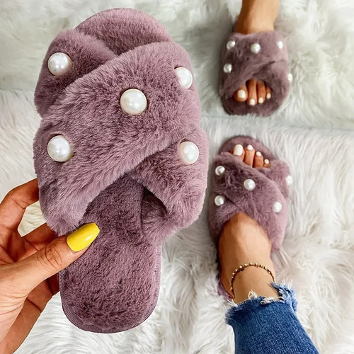Zapatillas De Hogar Con Punta Abierta De Perlas De Felpa Par