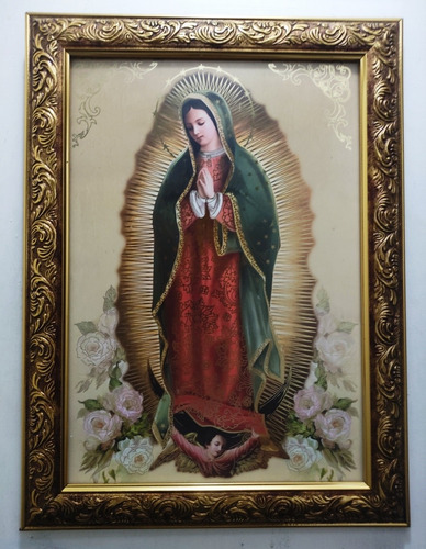 Virgen De Guadalupe Manto Verde En Marco Dorado A 47 X 35 Cm