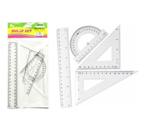 Set De Geometria 20cm X4 Piezas Transportador Regla Escuadra Color Transparente