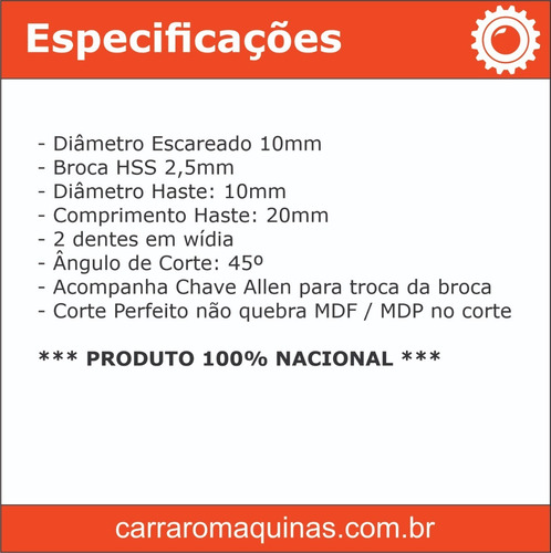 Imagem 2 de 7 de Escareador Ø 10mm Broca 2,5mm Haste 10mm França Marcenaria