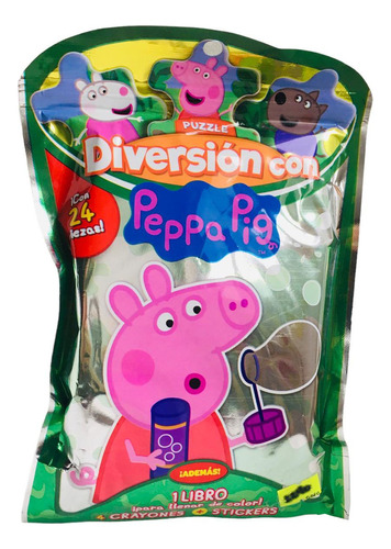 Peppa Pig Diversion Puzzle 24 Piezas + 4 Crayones + Stickers