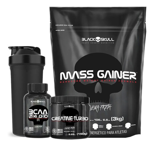 Mass Gainer 3kg + Bcaa + Creatina + Shaker - Black Skull