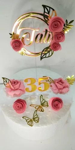 Topper/Topo de Bolo delicado e Personalizado com flores de Papel