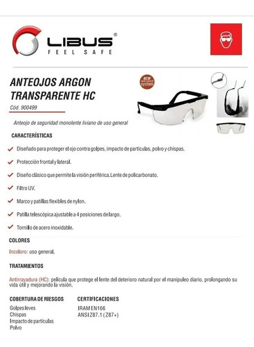 Imagen 5 de 9 de Anteojo Lente Seguridad Libus Argon Envolvente Patilla Regul