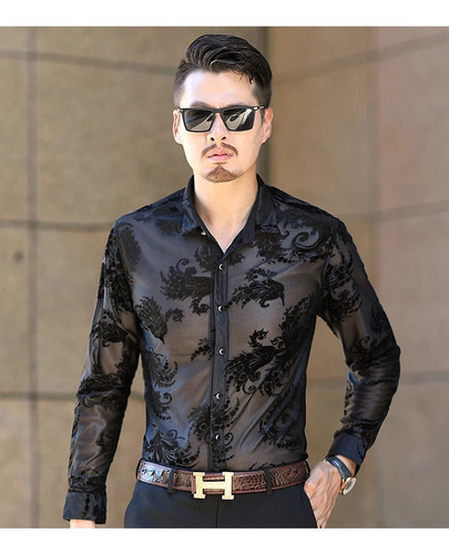 Camisa De Seda Transparente Para Hombre, Manga Larga, Tercio