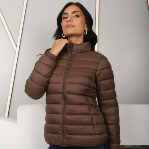 Jaqueta Feminina Bobojaco Nylon Gola Alta Forrada Sem Capuz Marrom G