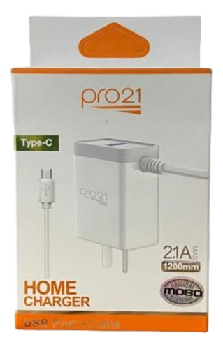 Cargador Pro21 Tipo C, Cable 1,2mts Carga 2,1a +  Puerto Usb