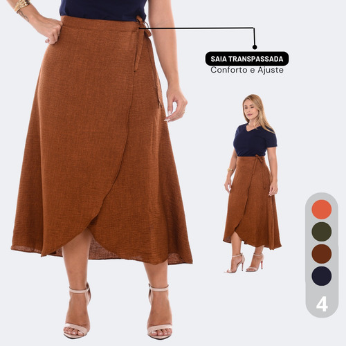 Saia Feminina Envelope Transpassada Godê Longa Midi Crepe