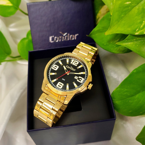 Imagem 8 de 10 de Relógio Masculino Dourado Condor Ouro 18k + Carteira Brinde