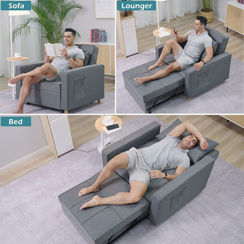 Sillón Cama 3 En 1; Ajustable Tamaño Individual De Lino Gris