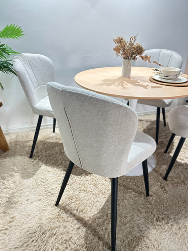 Juego De Comedor Mesa Tulip Wood + 4 Sillas Panama Chenille Beige Chenille