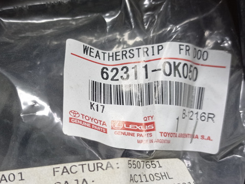 Goma Interna Puerta Delantera Derecha Toyota Fortuner Hilux