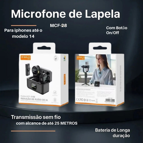 Microfone Lapela Imã Sem Fio Preto iPhone Duplo Anti Ruído Preto