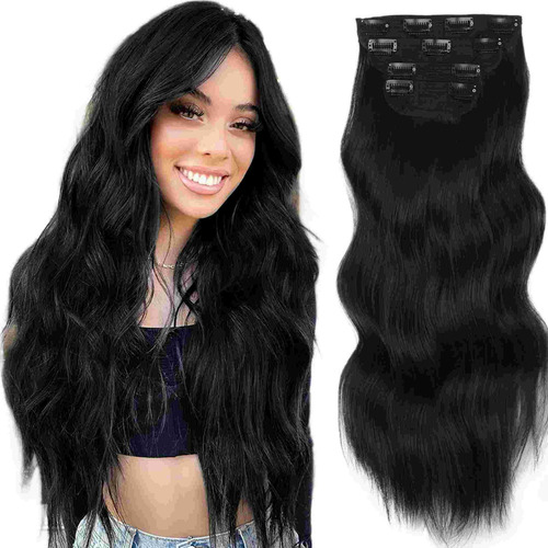 ) 4 Piezas Extensión Cabello Grueso Negro Con Clip Para