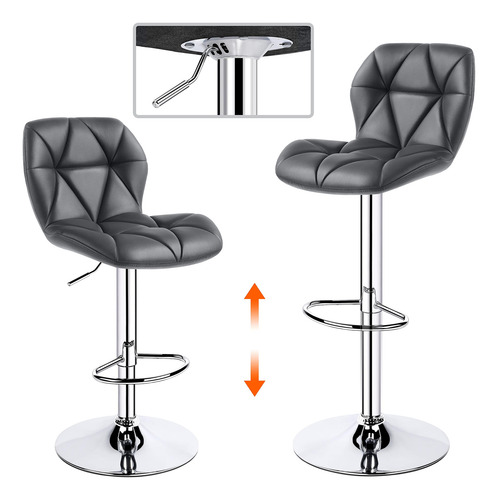 Juego De 2 Taburetes De Bar Grises Ajustables Con Respaldo