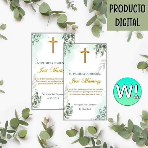 Estampita Imprimible Mi Primera Comunión Hojas Verdes
