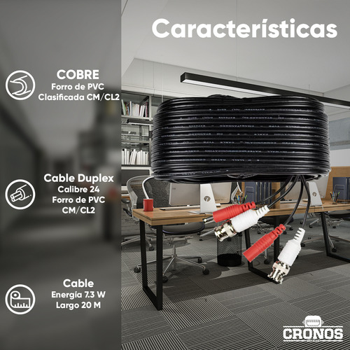 Cable Para Cámara De Seguridad Video/energía De 20mts Entradas Bnc / Cable Para Video Vigilancia Cronos