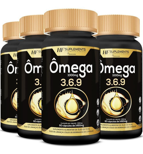 Kit 4 Omega 3 6 9 60cap Peixe Linhaça Borragem Hf Suplements