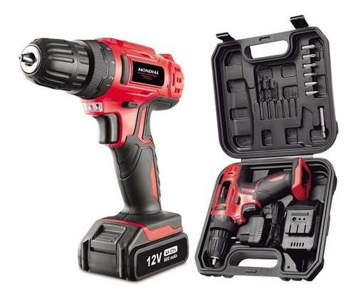 Imagem 2 de 3 de Furadeira Elétrica Parafusadeira Mondial Fpf-06m Sem Fio 650rpm 50hz/60hz Vermelho 100v/240v 12v Com Maleta De Transporte
