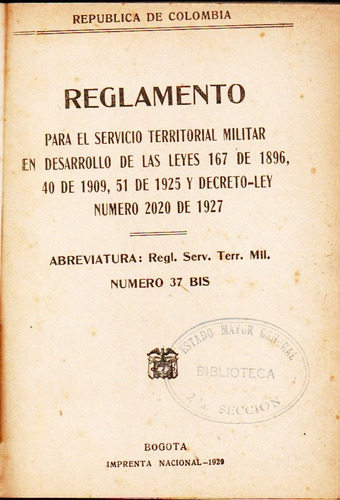 Reglamento Servicio Territorial  Militar De Colombia 1929