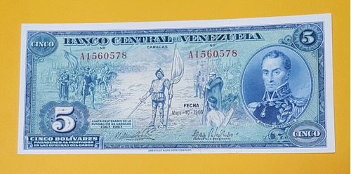 Billete De Colección: 5 Bolivares, Año 1966, Condición Unc.