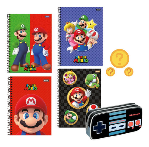 Kit 2 Cadernos Super Mario 160fls Sortidos + Estojo Nintendo