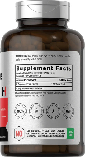 Imagen 2 de 3 de Arginina Horbaach L-arginine 1000 Mg 150 Capsulas