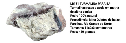 Lb171 Turmalina Paraíba Em Matriz Albita 449g Gramas Cor Roxo Azul E Branco