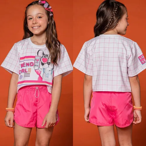 Conjunto Blusa Boxy Over Estampada Shorts Nylon Infantil Frete