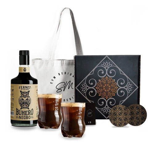 Estuche Fernet Buhero Negro 700ml + 2 Vasos Ferchetto. Regal