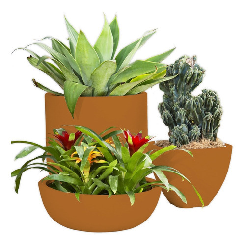 Kit Vaso 3 Tamanhos De Plantas Flores Varanda Jardim Cd30 Cor Ocre