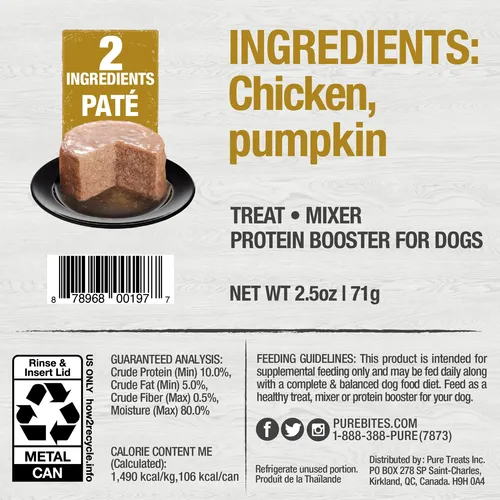 Purebites: Golosina De Pollo Y Calabaza Nutritiva Para Perro