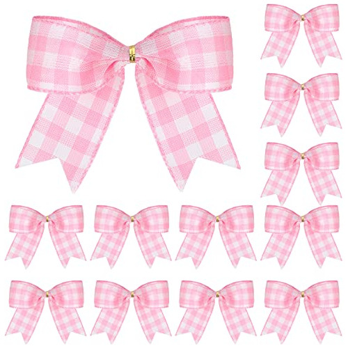 12 Piezas De Lazos Cuadros Plaid Rosa Y Blanco Decoraci...