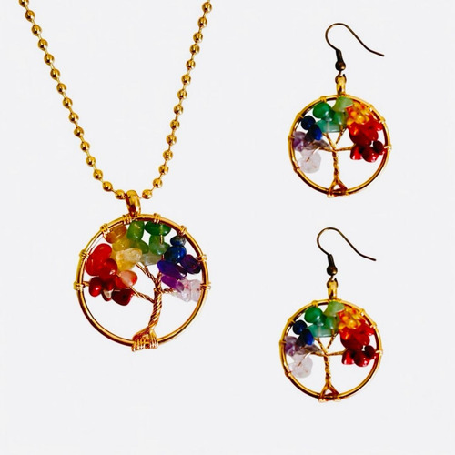 Kit Collar Y Aretes (3 Juegos) Árbol De La Vida 7 Chakras Multicolor