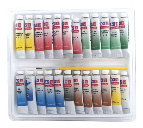 Set 24 Acuarelas Atl Tubo 8ml Colores Arte Estuche + Pincel