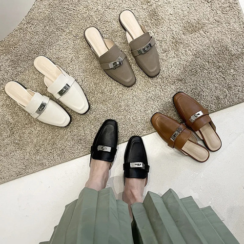 Zapatillas Medias De Tacón Bajo Con Cabeza Cuadrada Para Muj