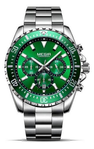 Reloj Megir 2064, Acero Inoxidable Cuarzo Resistente Al Agua Color Del Bisel Verde Plata