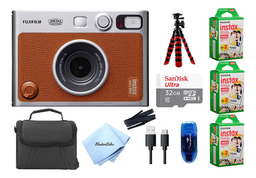 Fujifilm Instax Mini Evo - Cámara Híbrida (café) Con 60 Hojas De Película Instantánea + Tarjeta De Memoria De 32 Gb + Funda Acolchada Pequeña + Lector De Tarjetas Sd + Trípode Flexible + Paño De